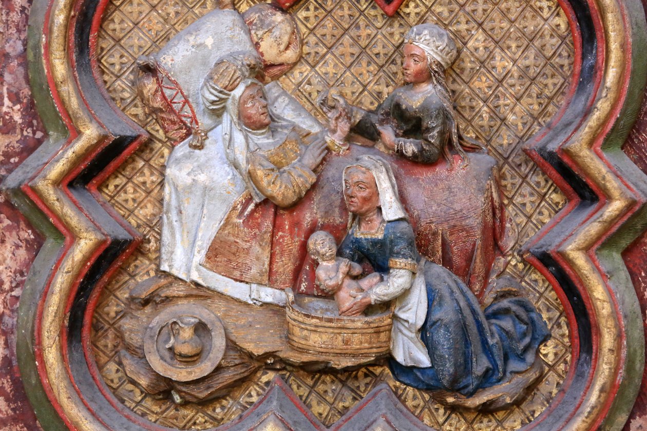 Keresztelő Szent János története: "Keresztelő Szent János születése." Az északi kórus északi végének domborműve (1531). Polikróm kő. 1531. Amiens-i székesegyház, Amiens, Franciaország alkotó: Unbekannt