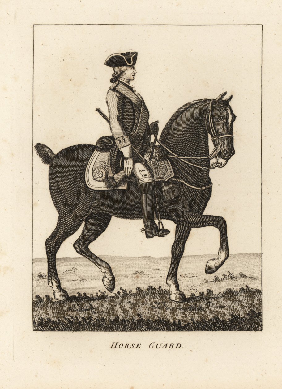 Horse Guard, katonai egyenruhában, tricornnal, muskétával alkotó: Unbekannt