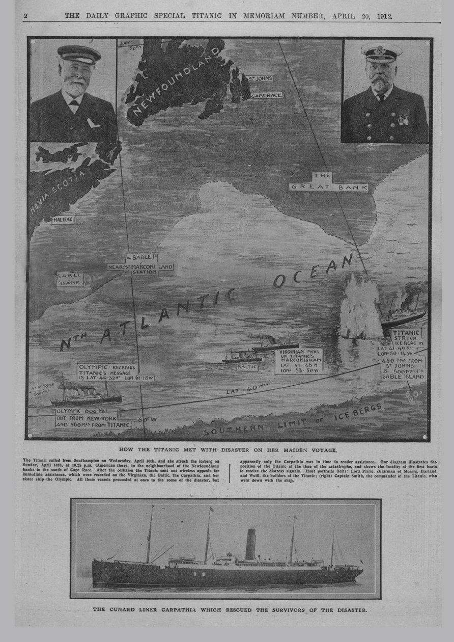 Hogyan találkozott a Titanic katasztrófával..., és a The Cunard vonalhajózás, a Carpathia..., 1912. április 20. alkotó: Unbekannt