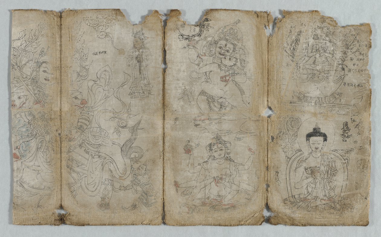 Ikonográfiai rajz: Vaishravana, Yama, Vsnisavijaya, Tara és Buddha recto, c. 1500. alkotó: Unbekannt