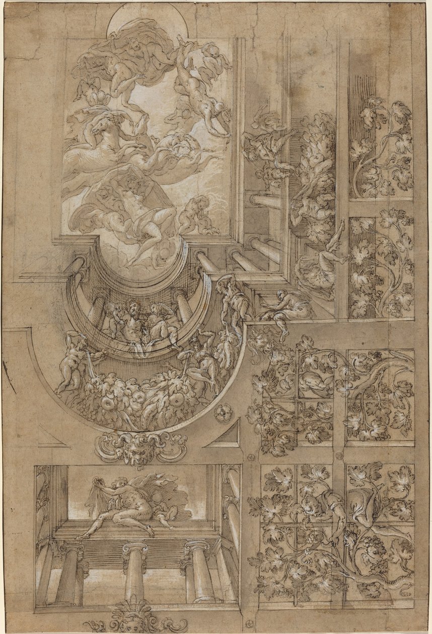 Illuzionisztikus mennyezet szőlőlugasszal, galériákon álló figurákkal és központi..., c. 1570158 alkotó: Unbekannt