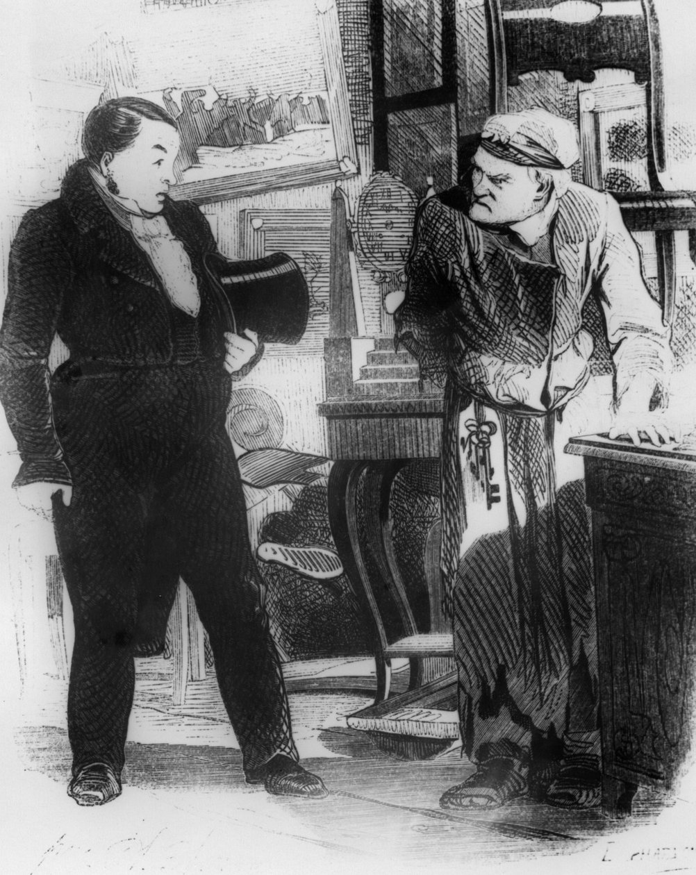 Gogol „Holt lelkek” című művének illusztrációja, Csicsikov (balra) Puskinhoz látogat (Puskin), Öregedés fametszete alkotó: Unbekannt