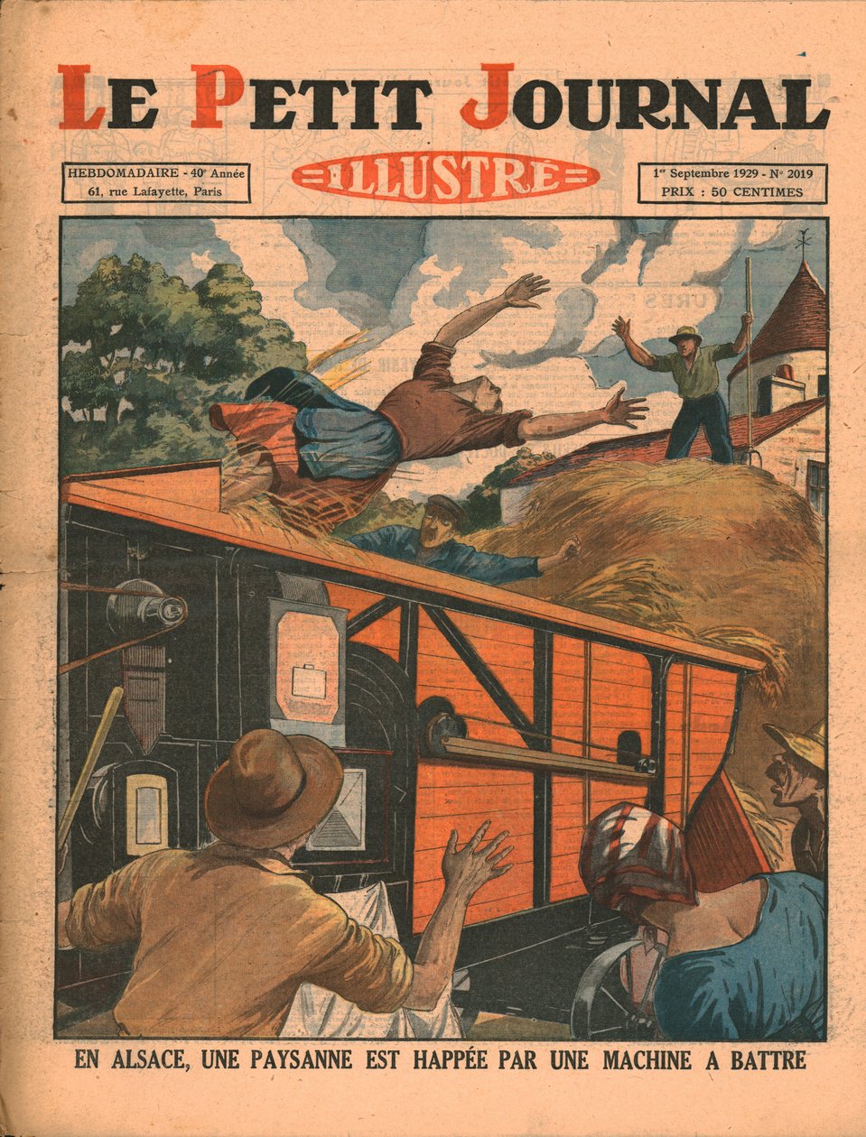 Elzászban egy parasztasszonyt cséplőgépbe kapnak, 1929. alkotó: Unbekannt