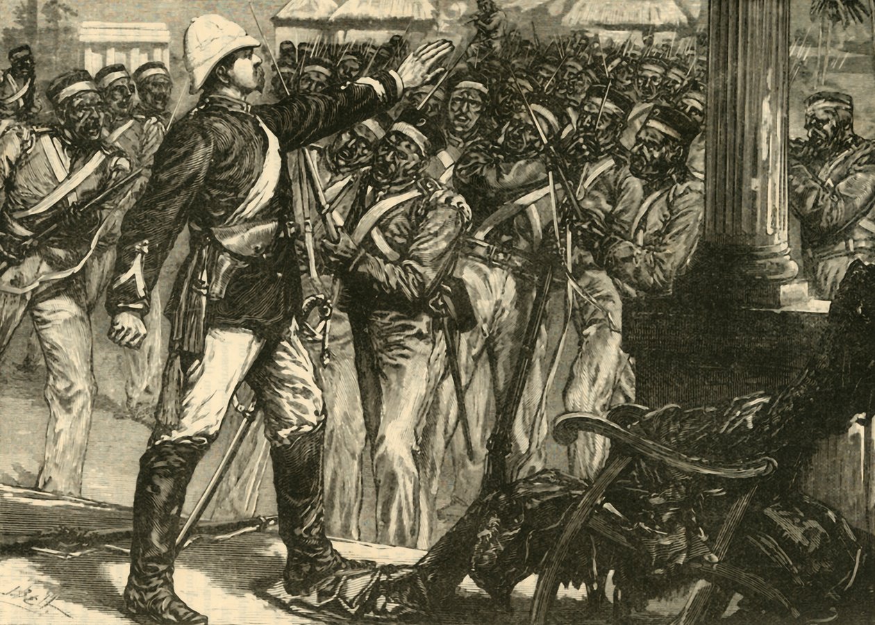 Incidens az indiai lázadásban: hadnagy. De Kantzow a Sepoyok megnyugtatása Mynpooree-ban, 1890. alkotó: Unbekannt