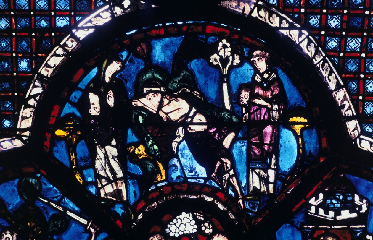 Pap és levita által figyelmen kívül hagyott sérült zarándok, ólomüveg, Chartres-i katedrális, Franciaország, 1205-1215 alkotó: Unbekannt