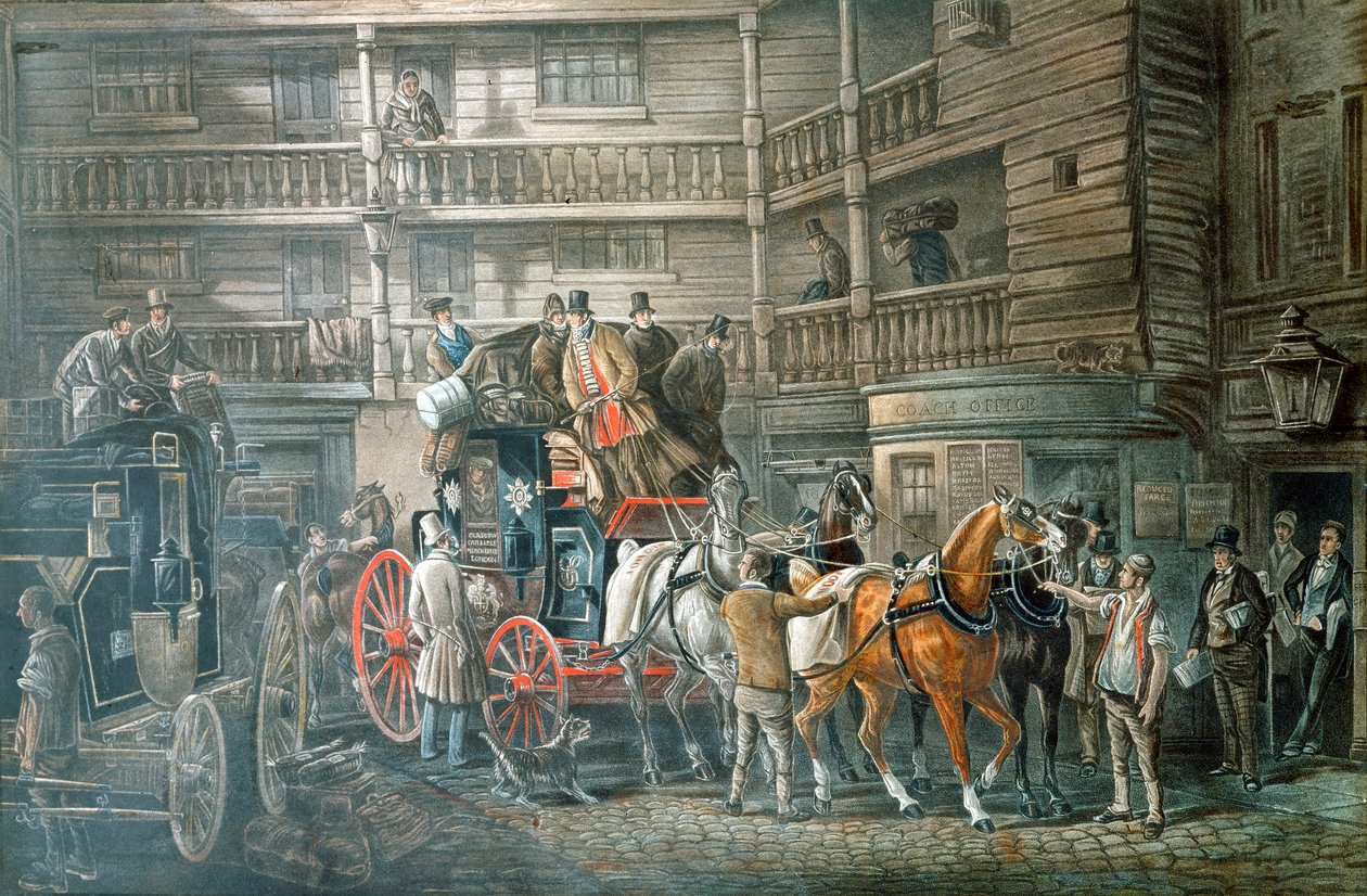 Fogadó udvar indulni készülő postakocsival, c1840 alkotó: Unbekannt