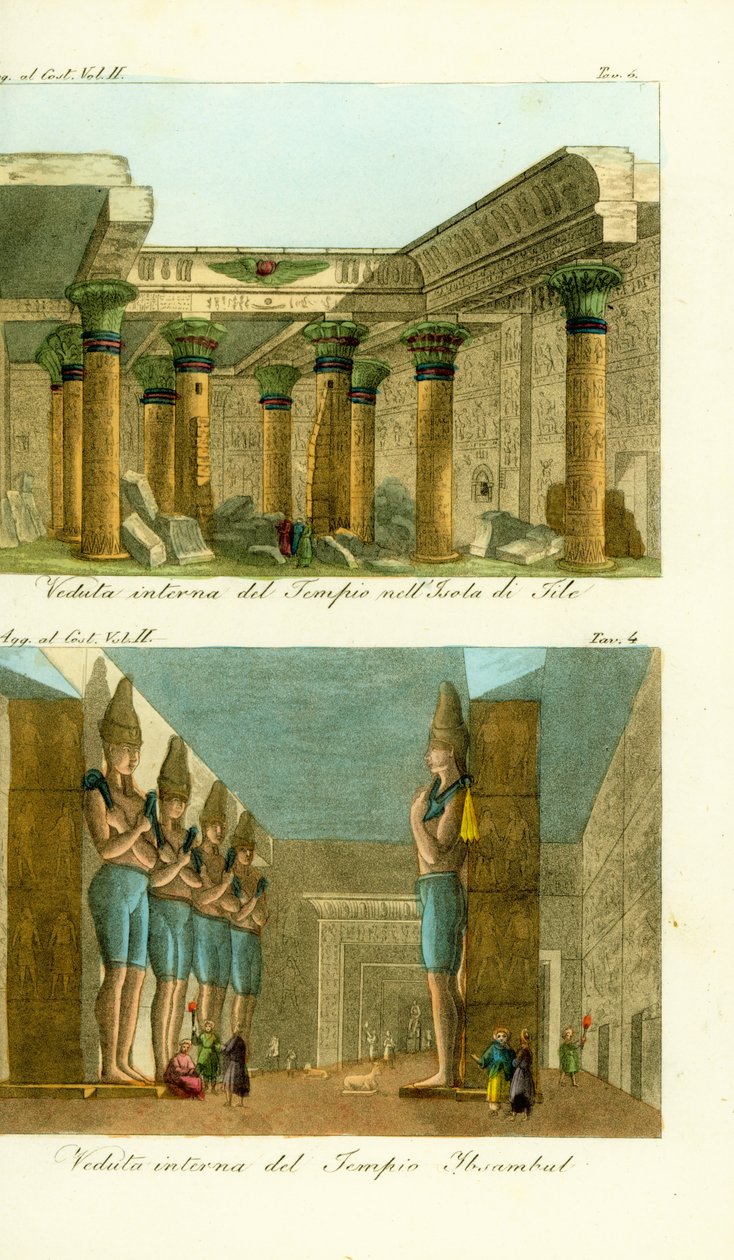 Ízisz templomának belseje Philae szigetén, Núbiában és II. Ramszesz Nagy Templomának belseje Abu Simbelben (Ibsambul), Núbia alkotó: Unbekannt