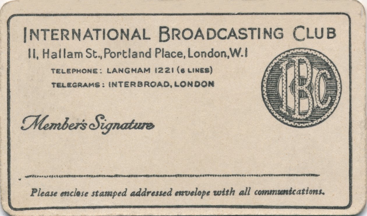 International Broadcasting Club: tagsági kártya, 1930-as évek alkotó: Unbekannt