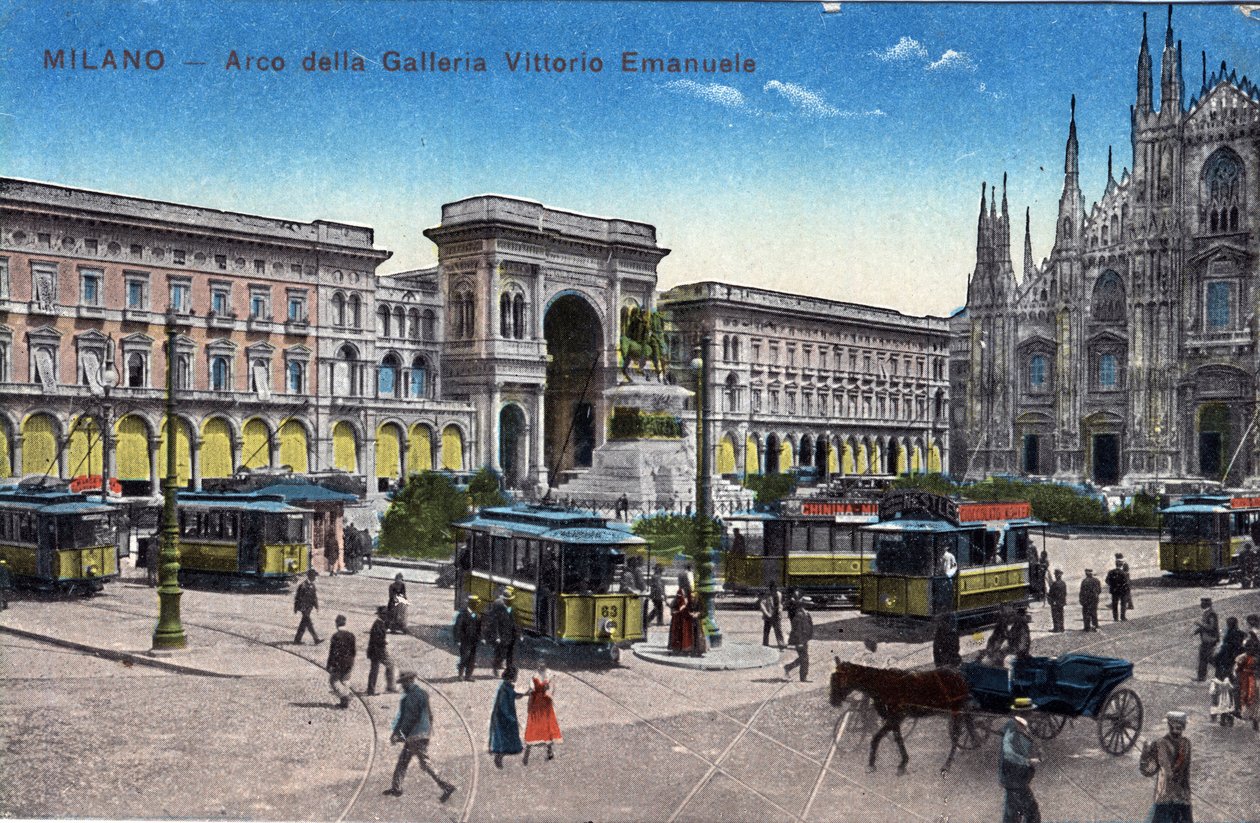 Olaszország, Milánó: villamosok a Piazza del Duomo és a Diadalív között a Victor Emmanuel (Victor-Emmanuel) galéria között (Galleria Vittorio Emanuele) - Képeslap 19. század vége-XX. alkotó: Unbekannt