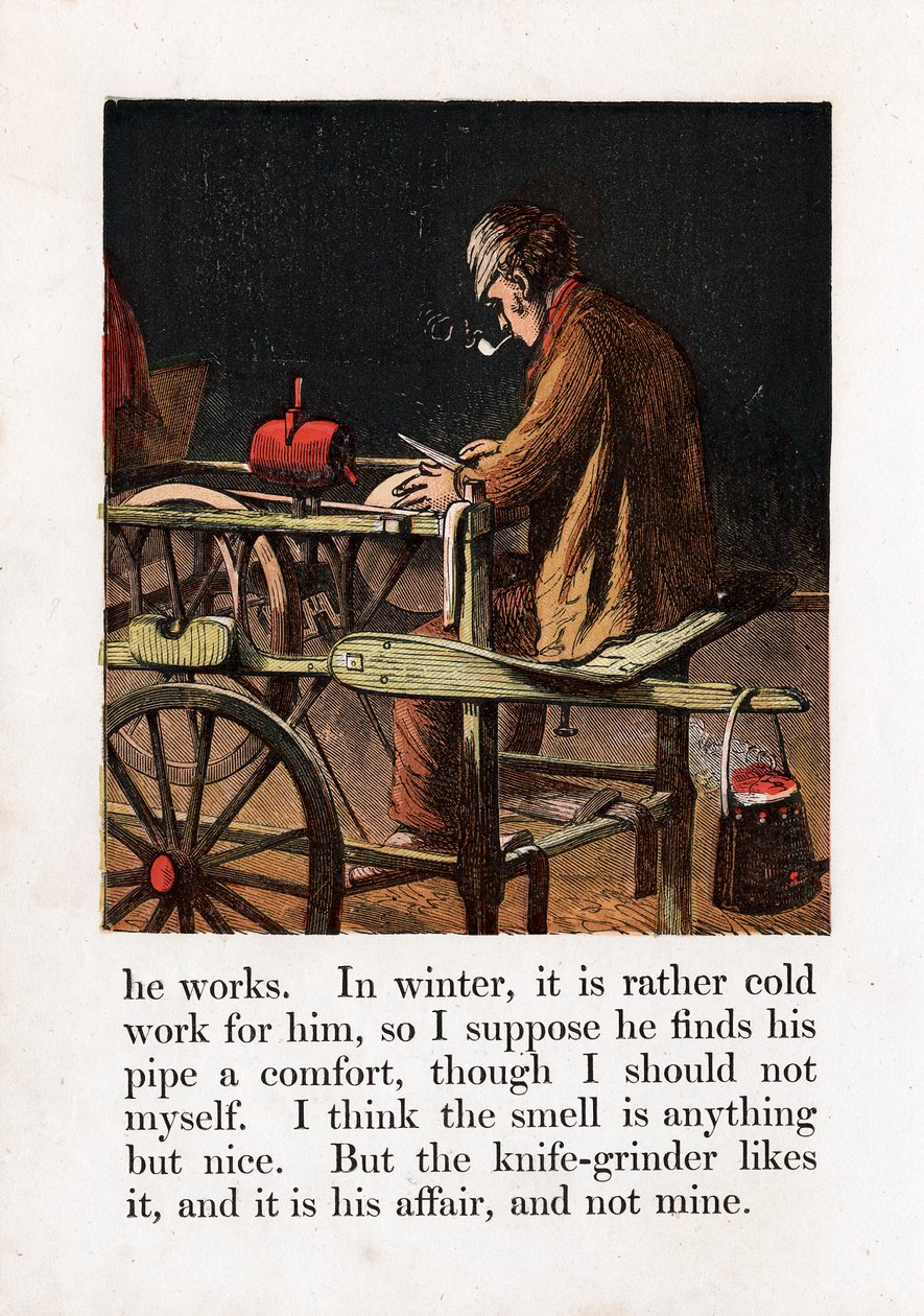 Vándorkés köszörű, penge élezése csiszolókorong forgatásával taposóval, c1867 alkotó: Unbekannt