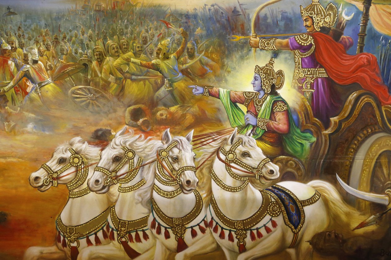 Jalaraam Prayer hindu templom, Leicester. Freskó. Krisna, a szekér, aki vezeti Arjunát a Kurukshetra csatamezőjén. Egyesült Királyság alkotó: Unbekannt