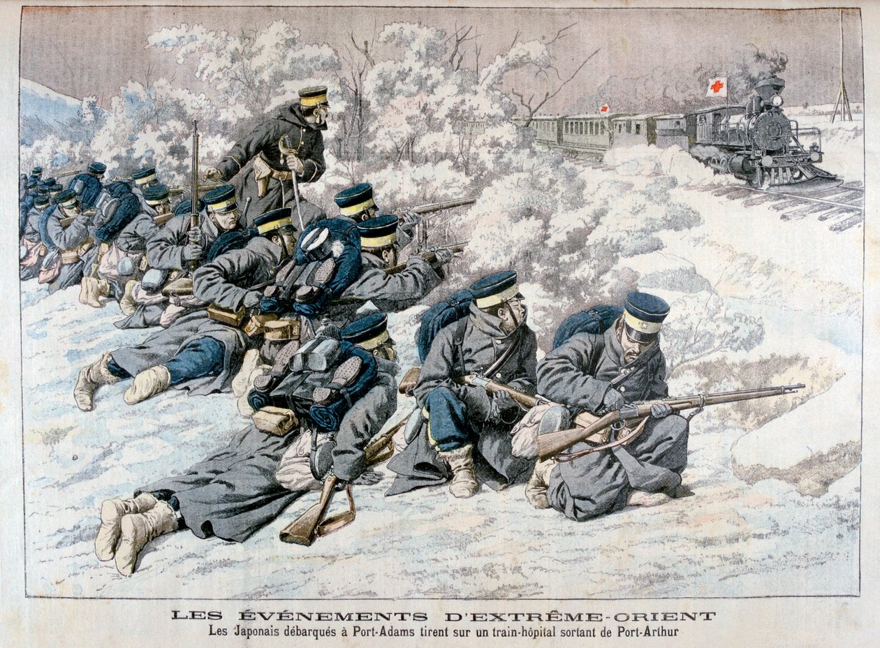 Japán támadás egy kórházi vonat ellen Port Arthur közelében, Mandzsúria, orosz-japán háború, 1904 alkotó: Unbekannt