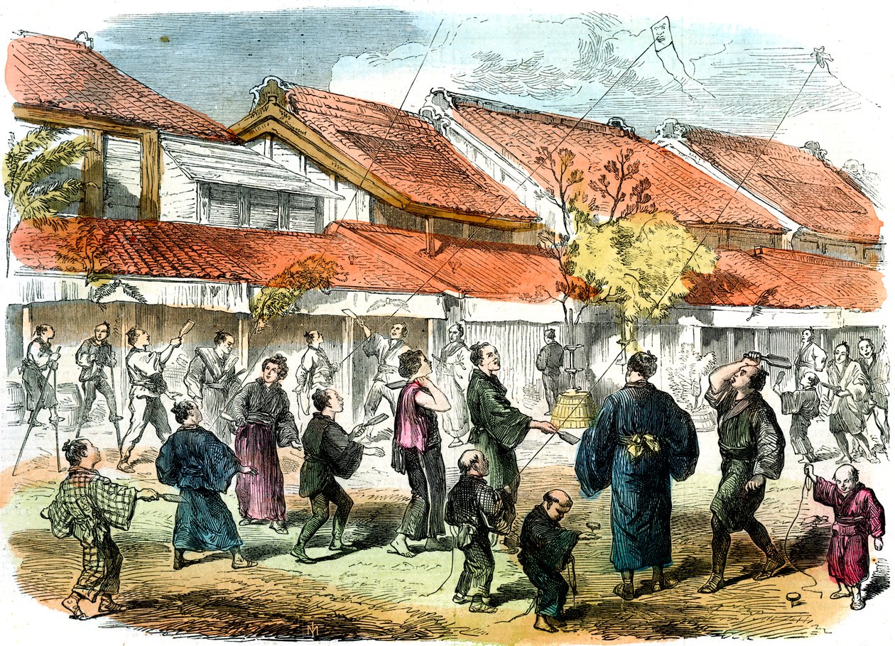 Battledore és tollaslabda japán játék Yokohama utcáin, 1865 alkotó: Unbekannt