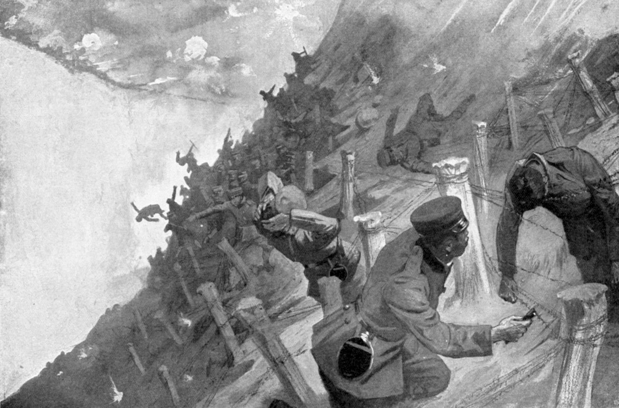 Japán csapatokat mészároltak le az orosz szögesdróton átkelve, orosz-japán háború, 1904-5 alkotó: Unbekannt
