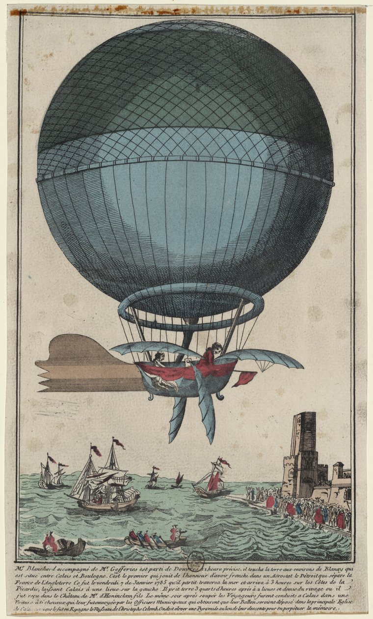 Jean Pierre Blanchard és John Jefferies megérkezik Calais-ba, miután hőlégballonnal átkeltek a La Manche csatornán, 1785 alkotó: Unbekannt