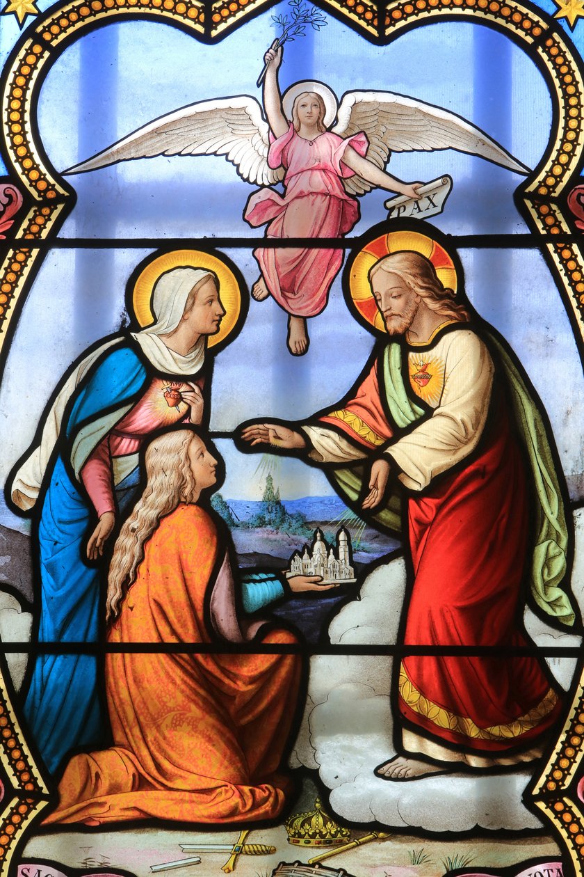 Jézus Krisztus és Szűz Mária. Ólomüveg ablak. La Salette-i Szűzanya-szentély, La Salette-Fallavaux, Franciaország alkotó: Unbekannt