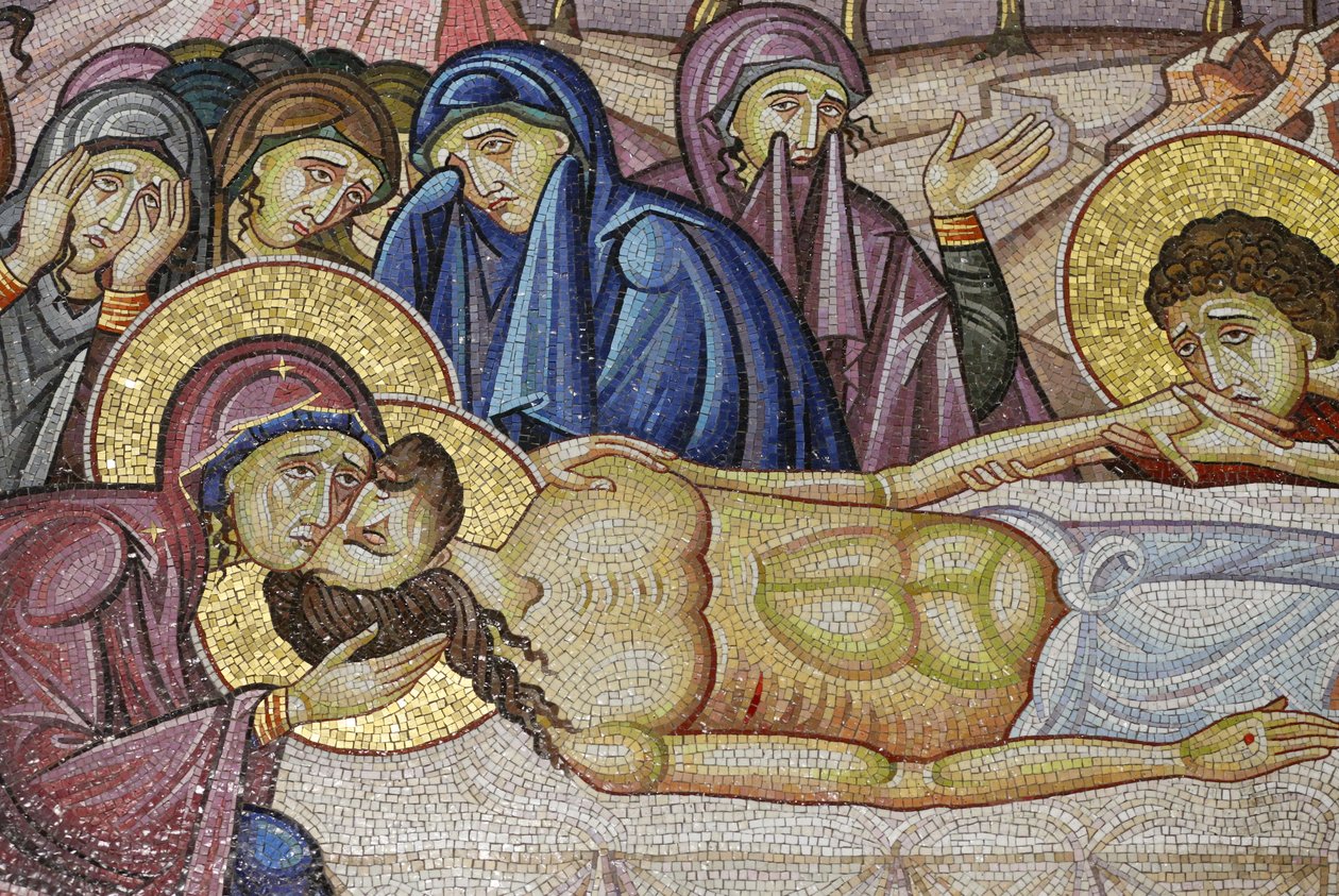 Jézust Arimatheai József új sírjára fektette, Jézus Krisztus temetését ábrázoló mozaikművészet részlete, Szent Sír Templom, Jeruzsálem, Izrael alkotó: Unbekannt