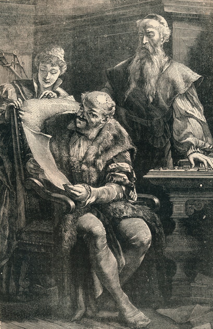 John Gutenberg bemutatja az első nyomtatott könyv egy részét Faustnak, 14. század, 1910 alkotó: Unbekannt