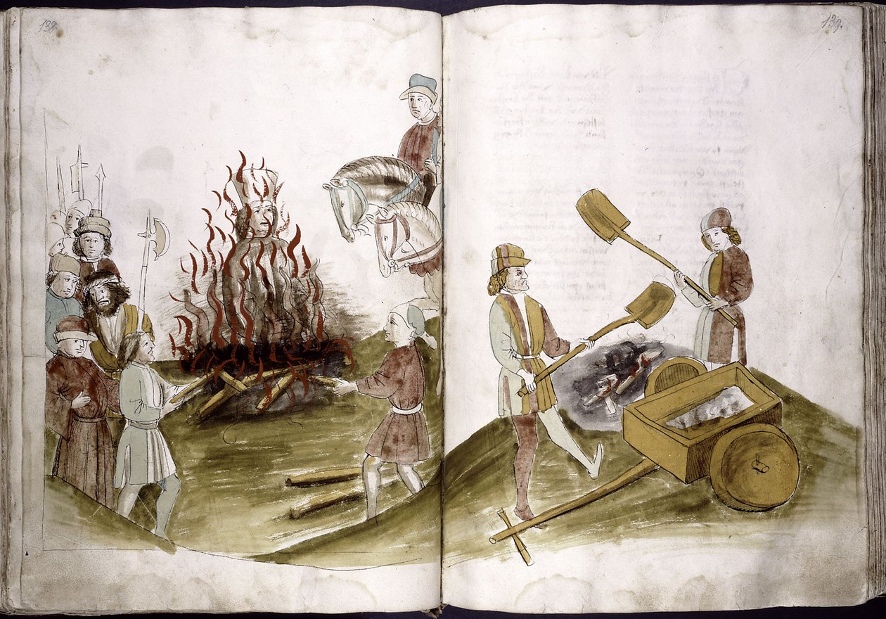 Hus Jánost máglyán égetik el 1415. július 6-án, és hamvait a Rajnába dobják: Ulrich Richental Krónika, 1414-1418 alkotó: Unbekannt