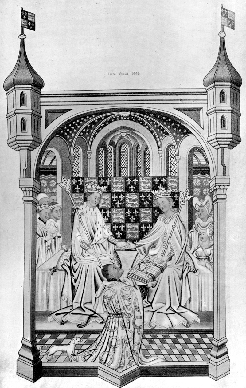 John Talbot, Shrewsbury grófja könyvet mutat be Anjou Margaretnek, 1445, 1910 alkotó: Unbekannt