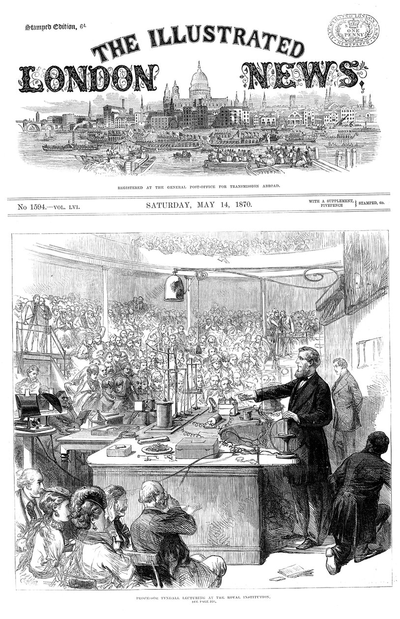 John Tyndall előadásokat tart az elektromágnesességről a londoni Királyi Intézetben. 1870. május alkotó: Unbekannt