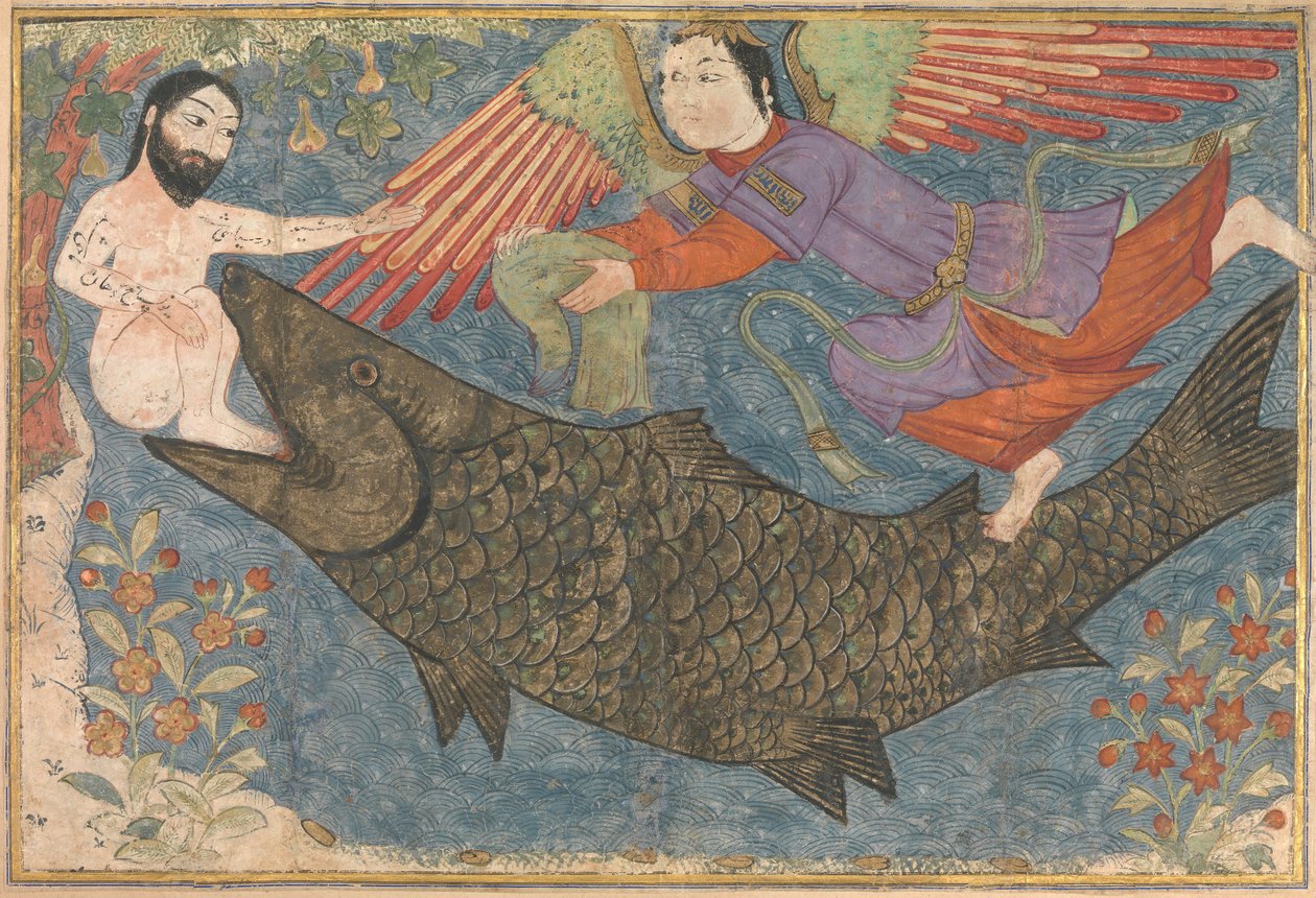 Jónás és a bálna, Folio egy Jami al-Tavarikh krónikák kompendiumából, kb. 1400. alkotó: Unbekannt