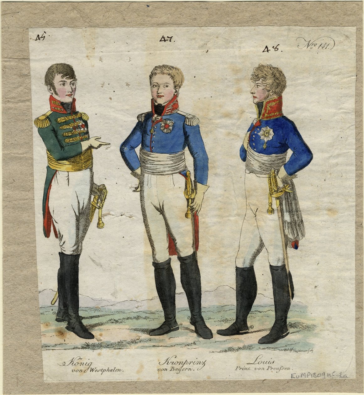 Jérôme Bonaparte vesztfáliai király, Lajos Ferdinánd porosz herceg és I. Ludwig bajor herceg, kb. alkotó: Unbekannt