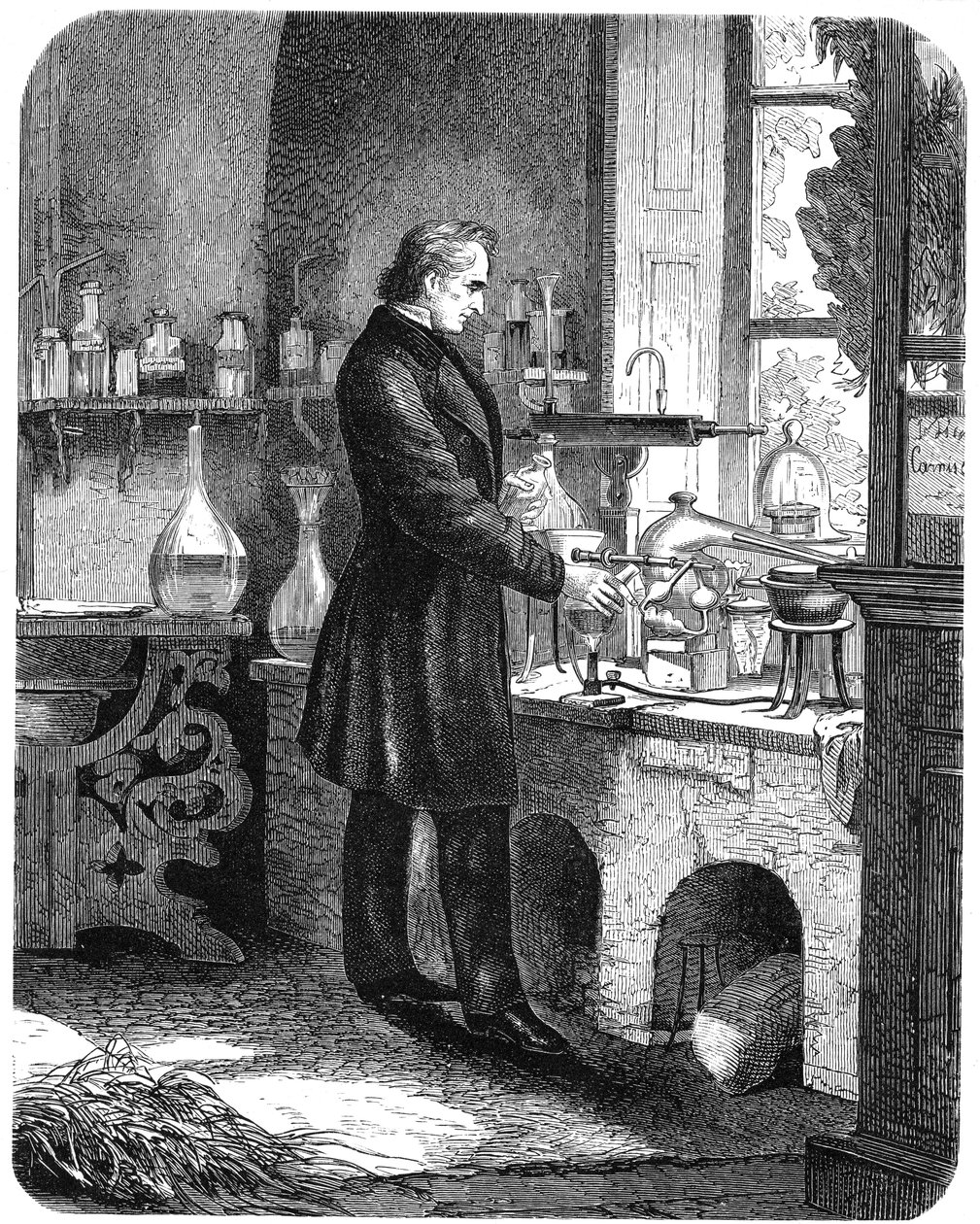Justus von Liebig német kémikus laboratóriumában dolgozik, 19. század közepe c1885 alkotó: Unbekannt