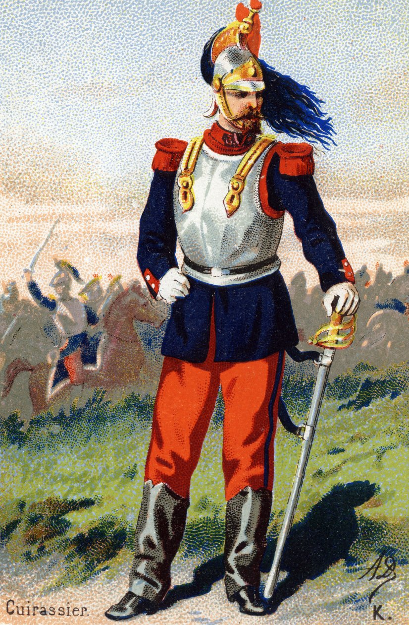 K: Cuirassier. Metszet "Katonai ábécé"-ben. Az illusztrátor kezdőbetűi: A. D. Ismeretlen kiadó. Kromolitográfia a 19. század végén. Mérete: 10,5x7 cm. alkotó: Unbekannt