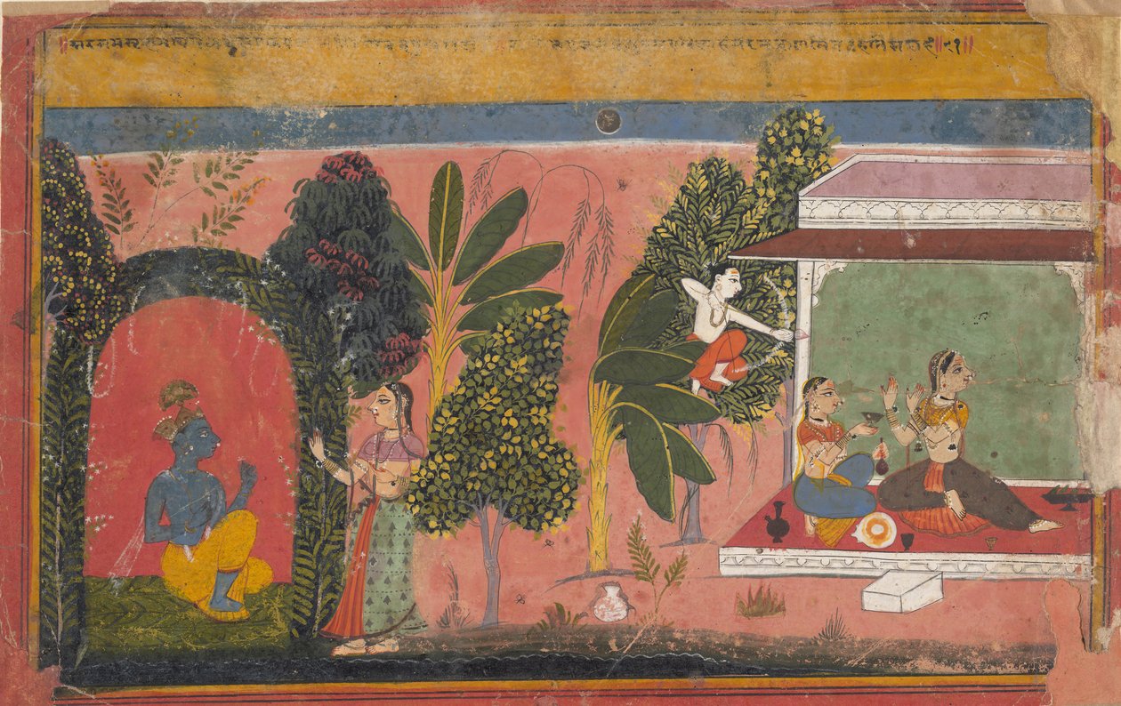Kama meghajol Radhára: oldal egy szétszórt Gita Govinda Krishna szerelmeiből, kb. 1695. alkotó: Unbekannt