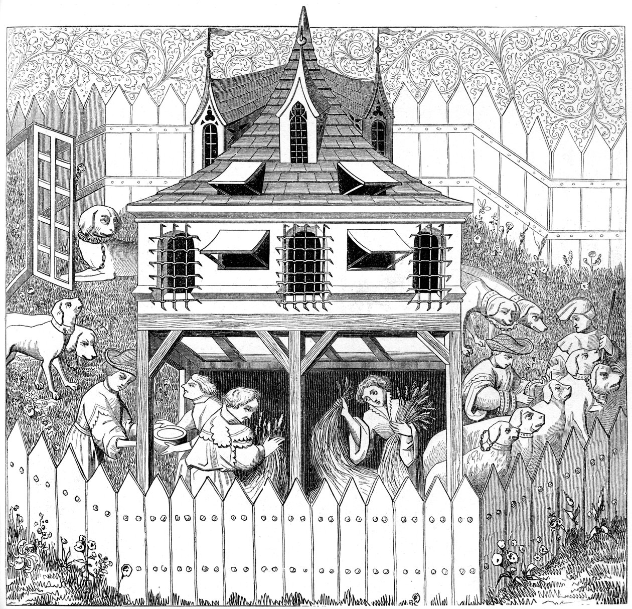 Kennel, amelyben a kutyáknak élniük kell, és hogyan kell őket tartani, 15. század, 1849 alkotó: Unbekannt