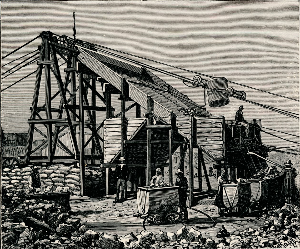 Kimberley gyémántbánya: készülék a gyémántföld kiemelésére, 1896 alkotó: Unbekannt