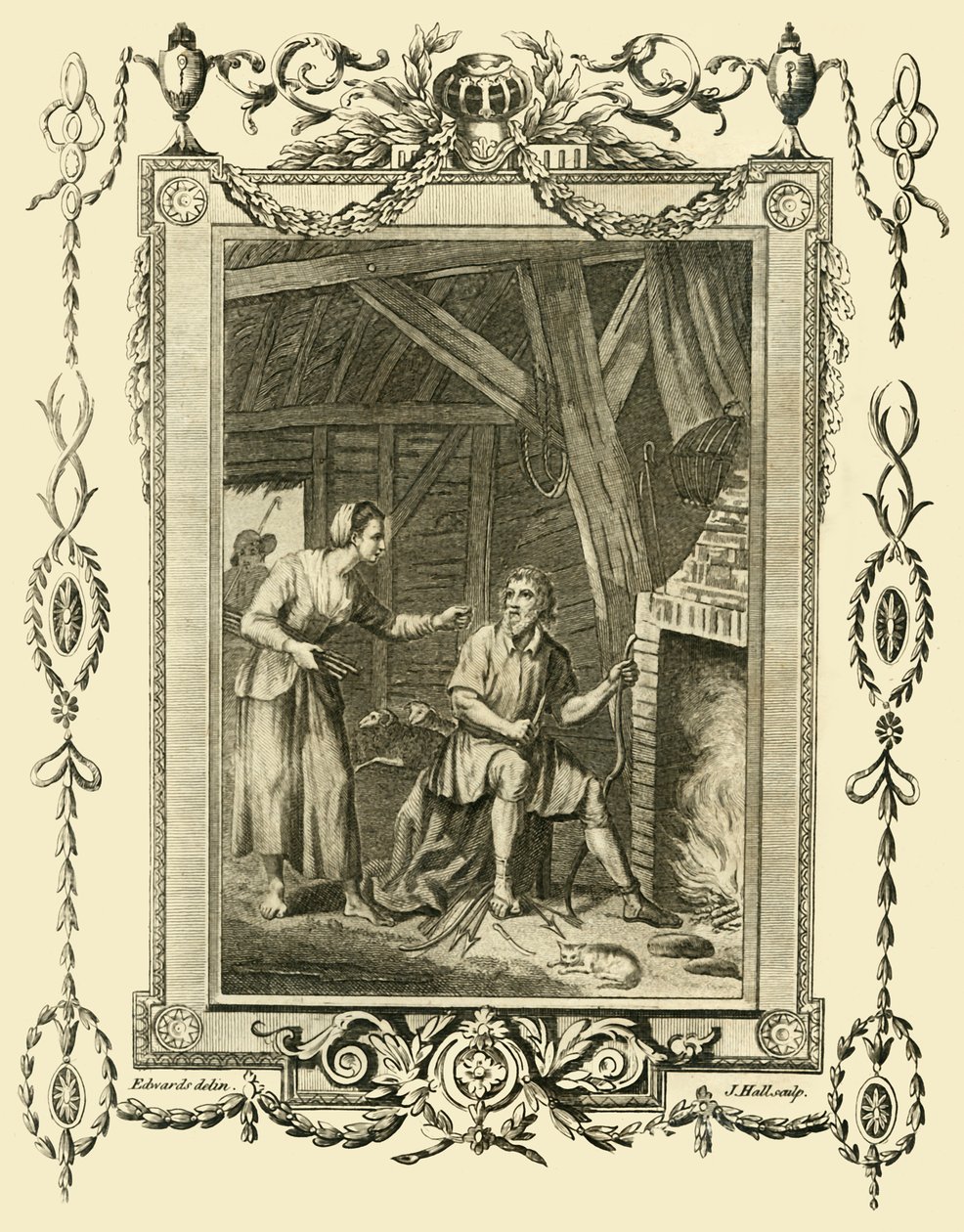 Alfréd király álruhában, akit a Neat Herds Wife megrótt, amiért hagyta égni a süteményeket, 1783. c878. alkotó: Unbekannt