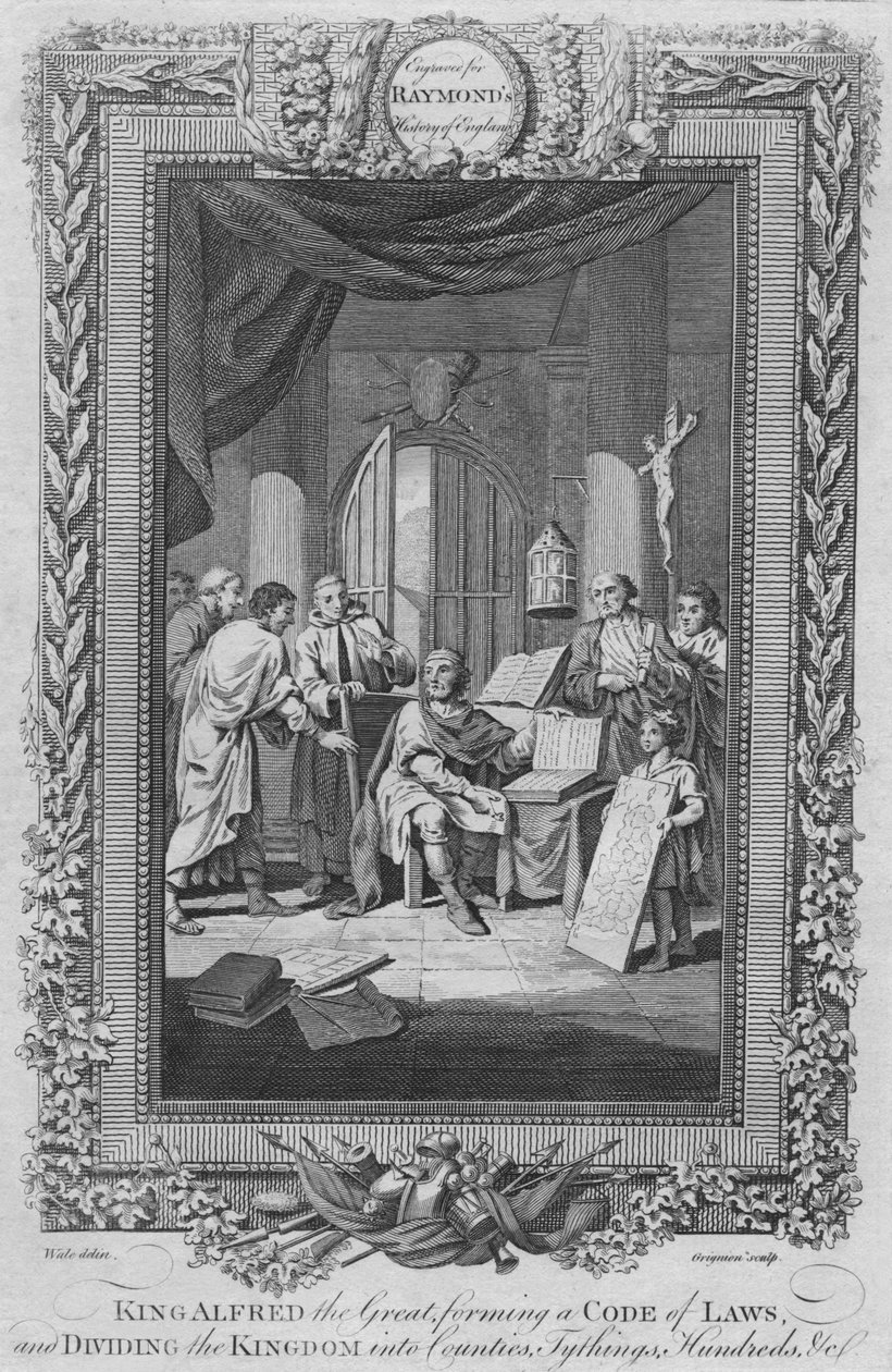 Nagy Alfréd király, törvénykönyvet alkot, és a királyságot megyékre osztja, c1787 alkotó: Unbekannt