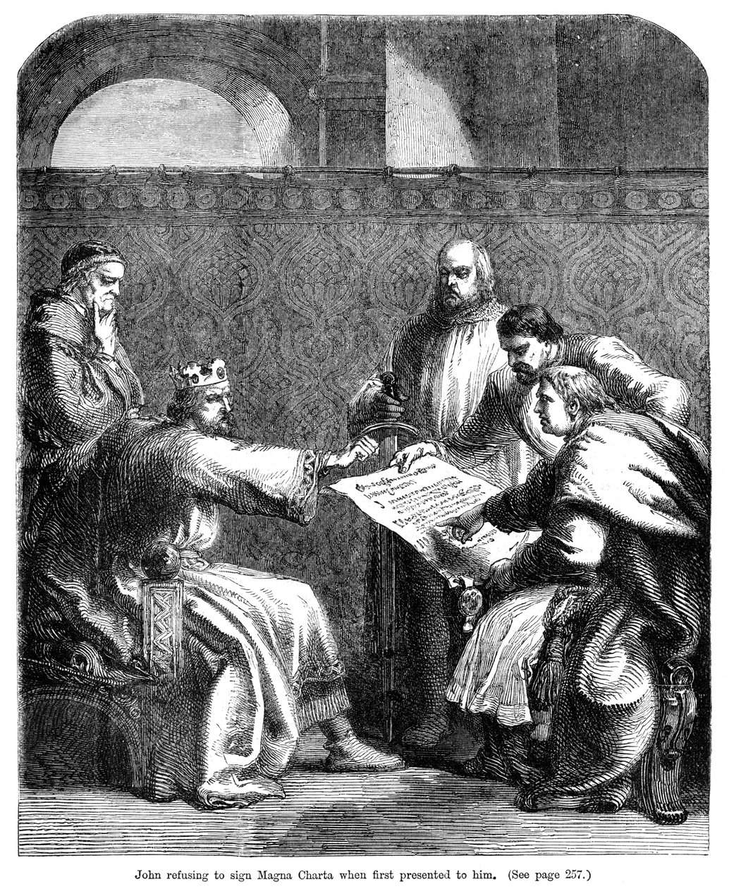 János király 1167-1216, aki nem volt hajlandó aláírni a Magna Cartát, amikor először bemutatták neki, 1215 alkotó: Unbekannt