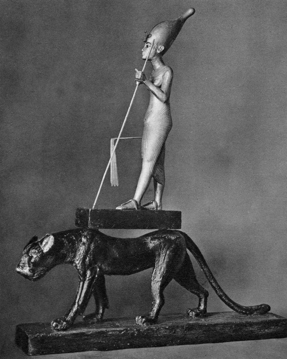 Tutanhamon király Kr.e. 1341-Kr.e. 1323 fekete leopárdon, 1936 alkotó: Unbekannt