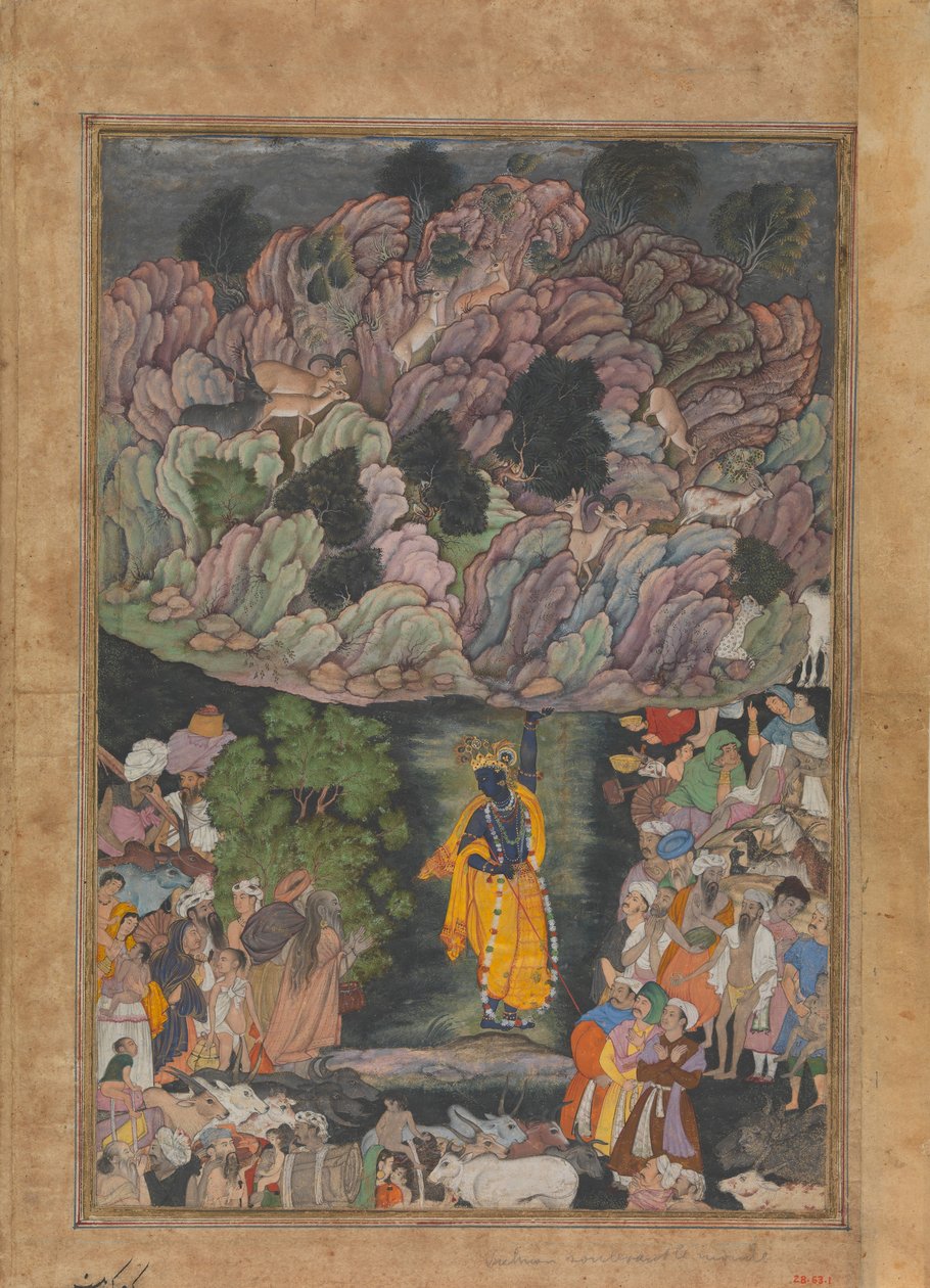 Krishna feltartja a Govardhan-hegyet, hogy menedéket nyújtson Braj falusi lakosainak, kb. 1590-95. alkotó: Unbekannt