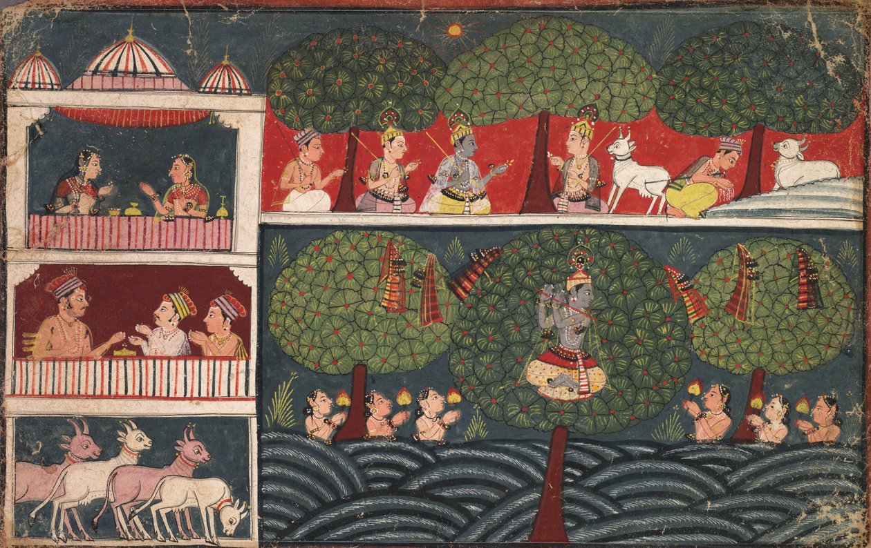 Krishna Gopis ruhákat lop, oldal a Bhagavata Puránából, c. 1650. alkotó: Unbekannt
