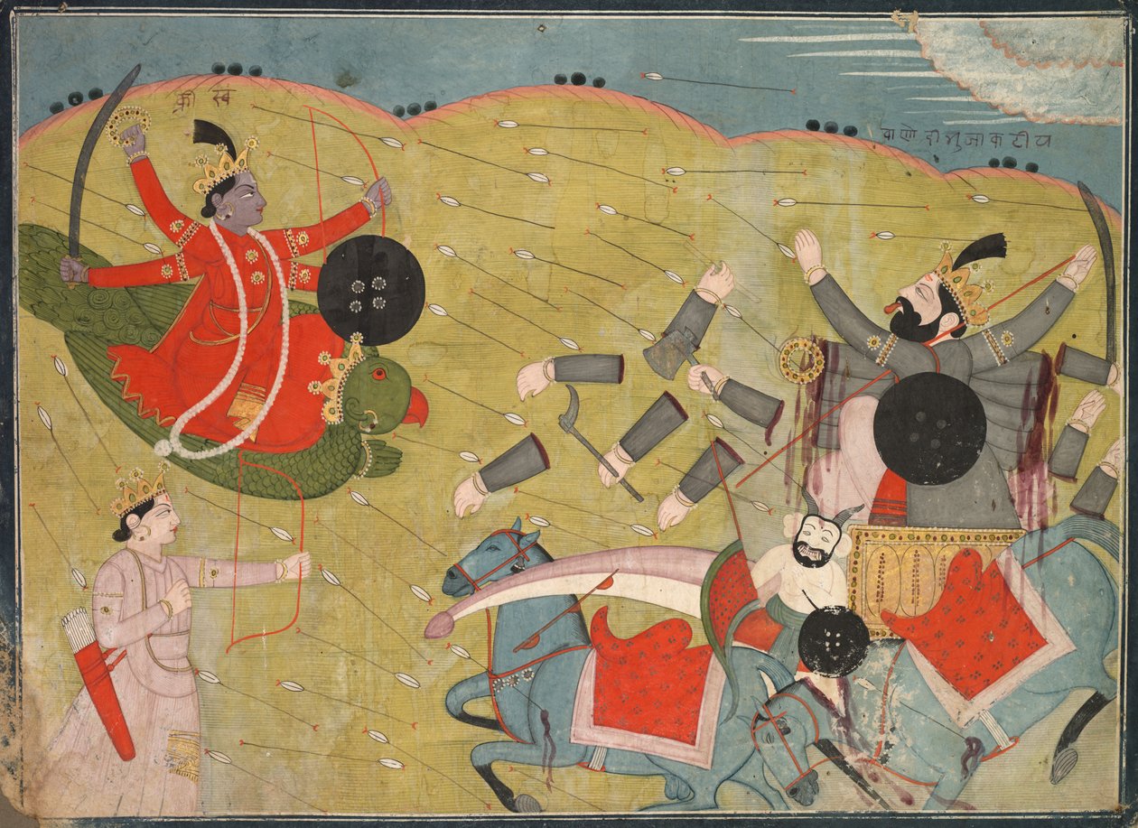 Krishna Vanquishing Vanasura: Jelenet Krishna Lila Aniruddha Usha szekciójából, kb. 1840. alkotó: Unbekannt