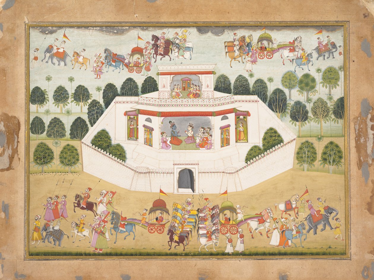 Krisna és Balarama egy fallal körülvett palotában: Oldal egy szétszórt Bhagavata Puránából..., kb. 1700. alkotó: Unbekannt