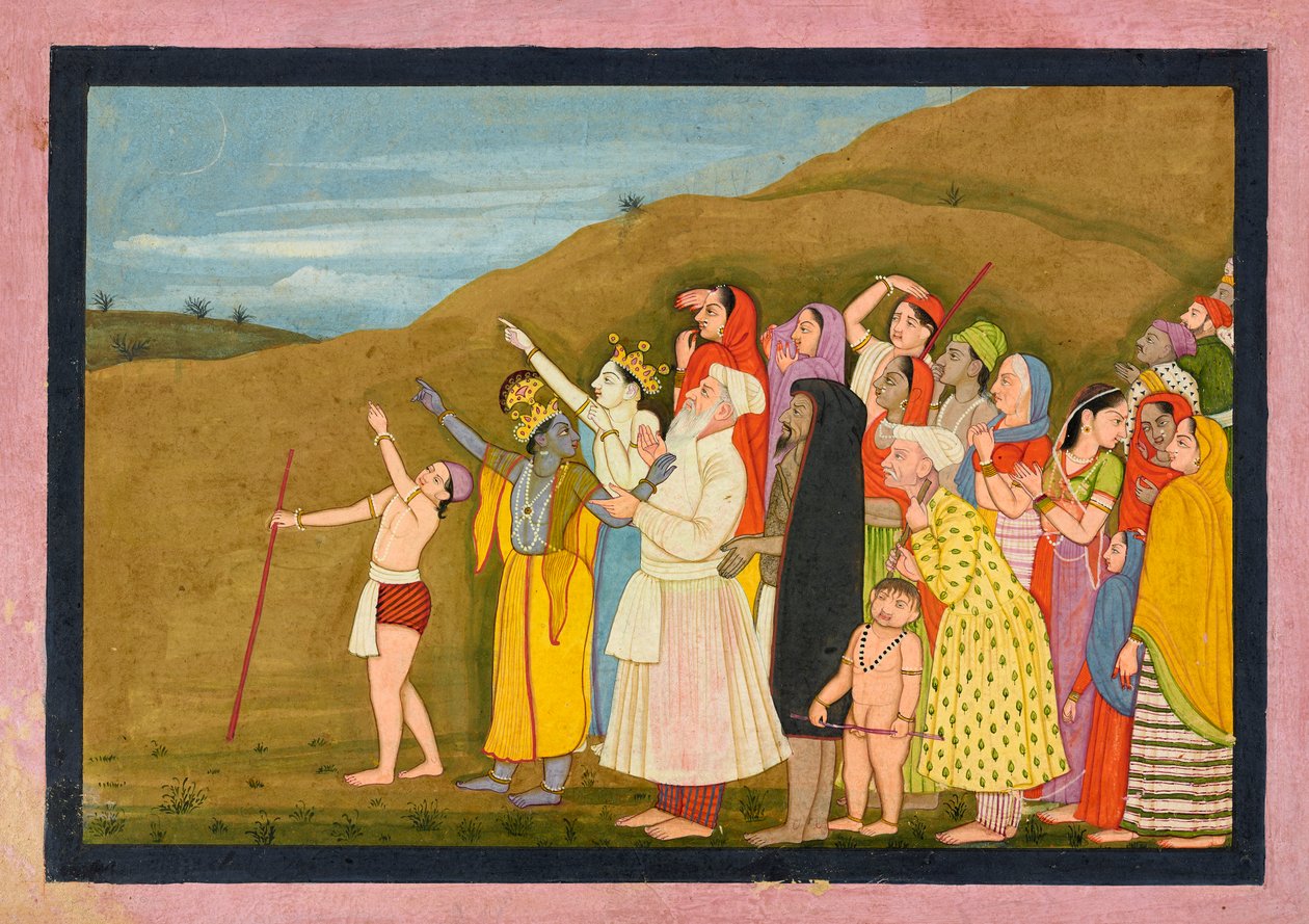 Krishna és családja egy napfogyatkozást csodálnak, talán egy oldalt a KangraModi..., 1775-1780-ból. alkotó: Unbekannt