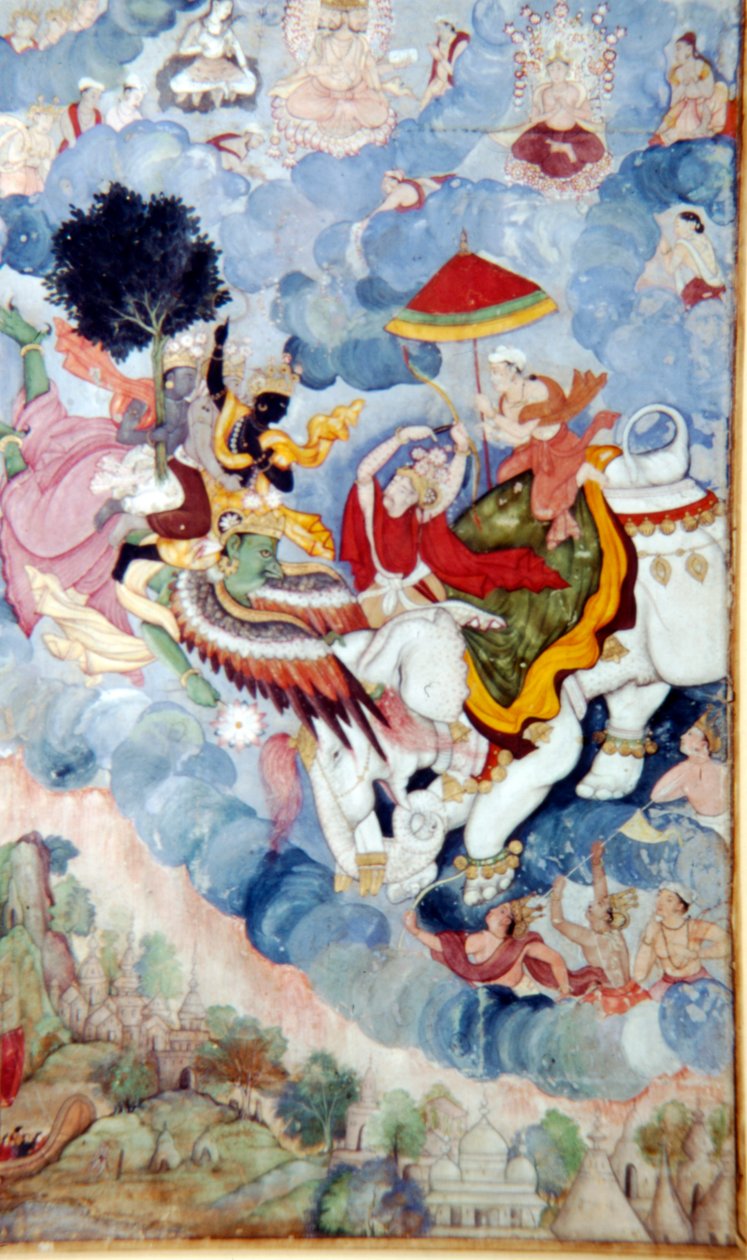 Krishna, aki a Madár-Isten Garudán lovagol, harcol az Istennel, Indra egy elefánton, c1590. alkotó: Unbekannt