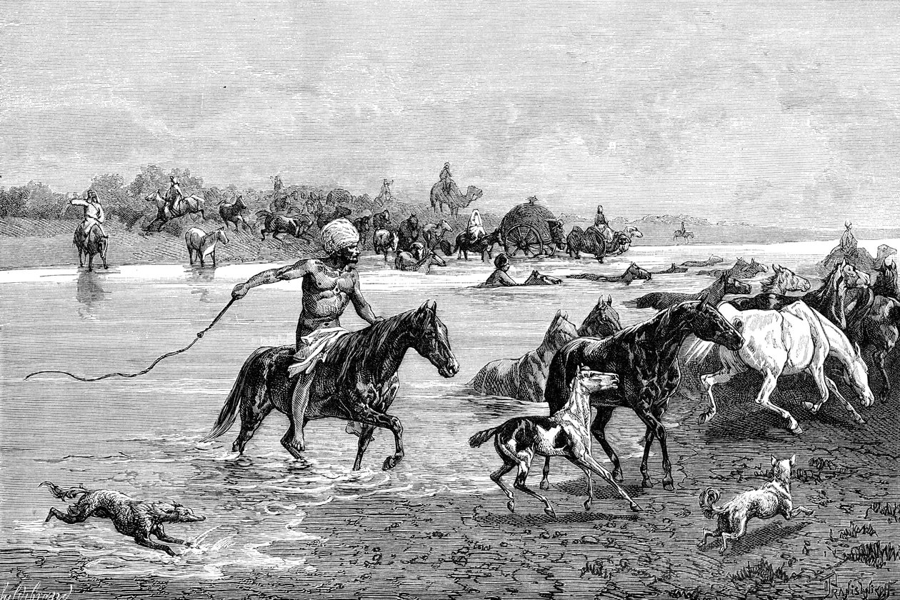 Kirgiz átkelés egy folyón, Kirgizisztán, 1895 alkotó: Unbekannt