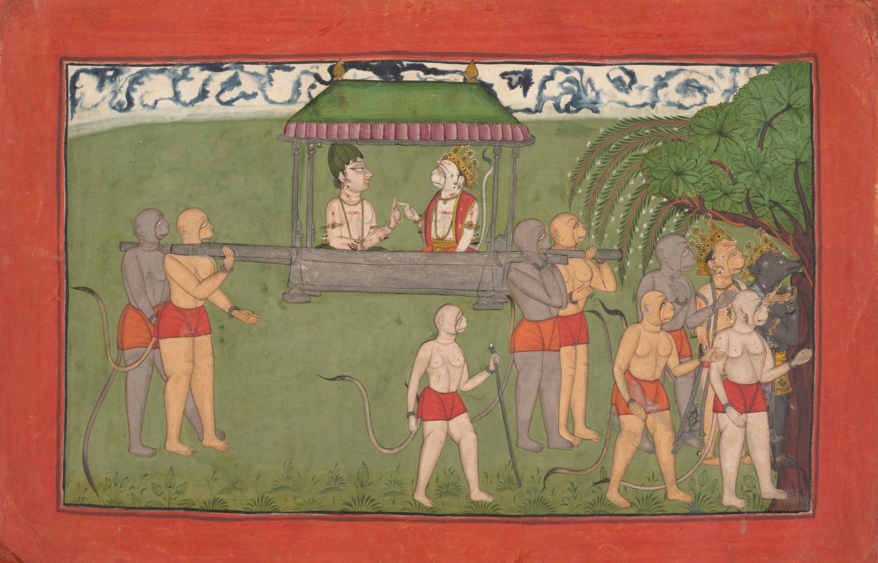 Lakshmanát és Sugrivát Palanquin hordozza, hogy Rámas áldásban részesüljön..., kb. 1710-25. alkotó: Unbekannt