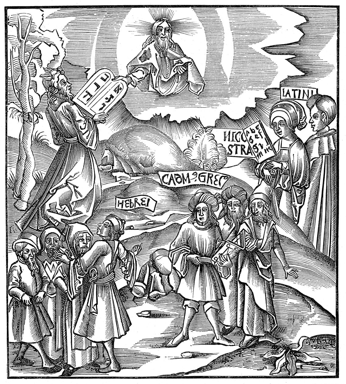 Nyelvek: Mózes átveszi Istentől a törvény héber nyelvű tábláit, 1512 alkotó: Unbekannt