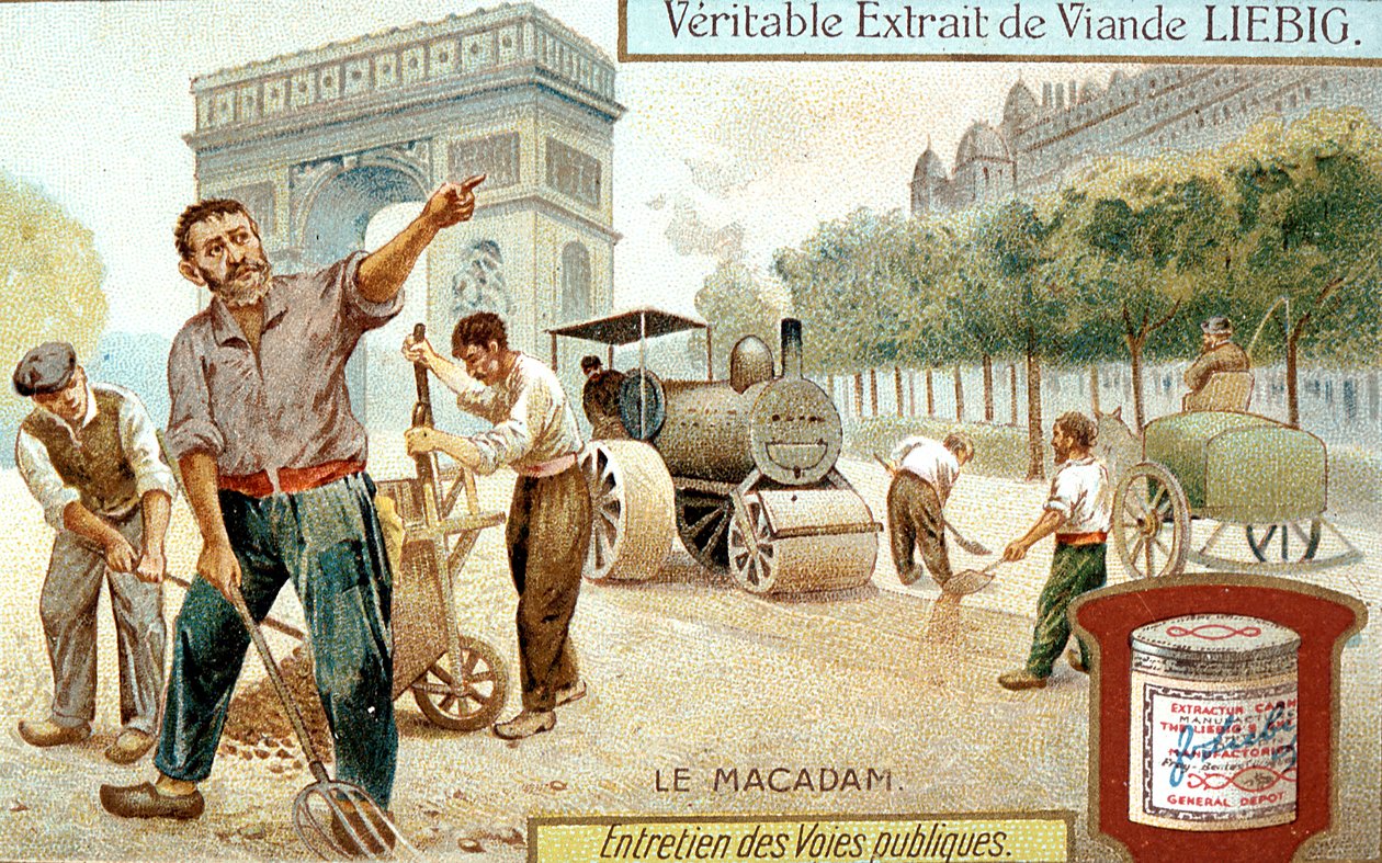Macadam útburkolat lerakása és tömörítése gőzhengerrel, Paris, c1900 alkotó: Unbekannt