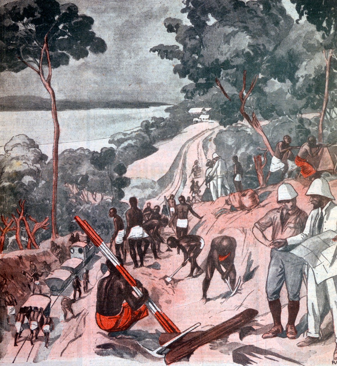 Vasúti vágány fektetése az Egyenlítői Nap alatt, Brazzaville, Kongó, 1924 alkotó: Unbekannt