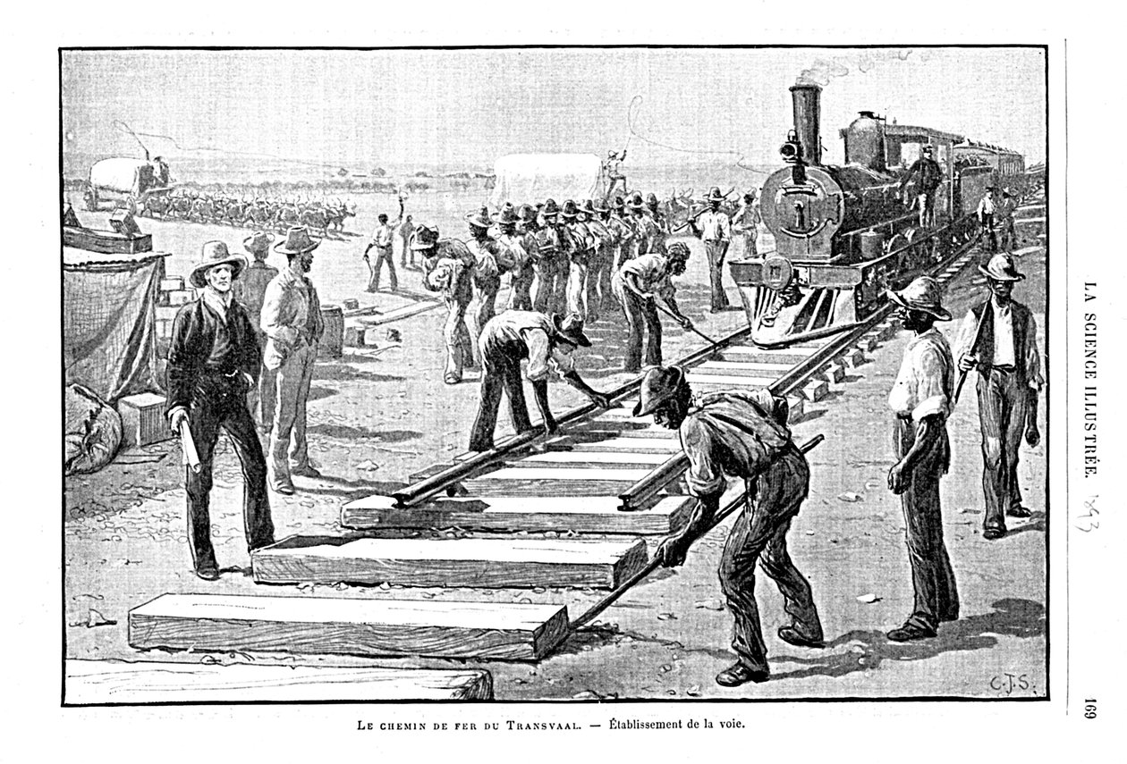 Talpfák és sínek fektetése a Transvaal Railway-n, Dél-Afrika, 1893 alkotó: Unbekannt
