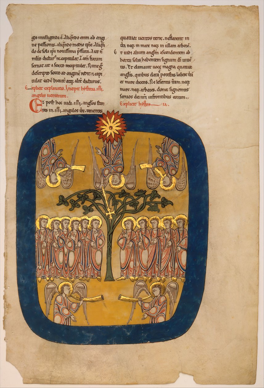 Levél egy Beatus-kéziratból: Angyalok visszatartják a négy szelet..., kb. 1180. alkotó: Unbekannt