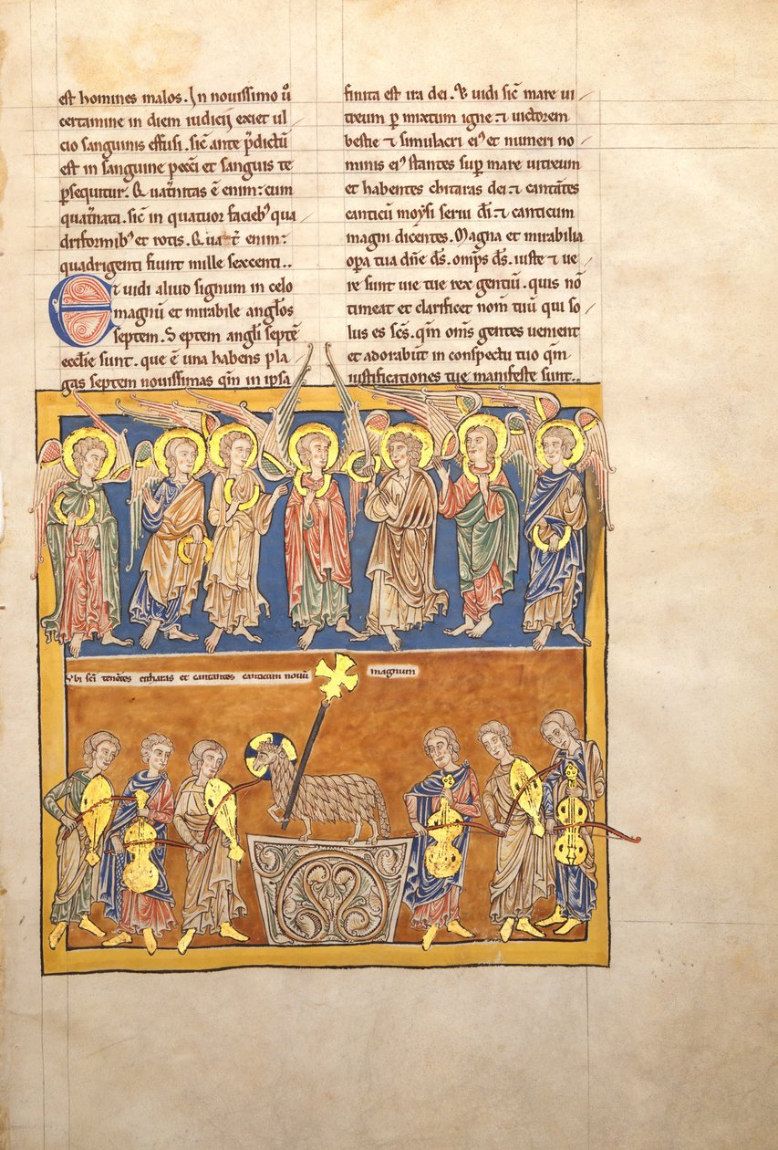 Levél egy Beatus-kéziratból: Hét angyal tartja a hét utolsó csapás poharát.., kb. 1180. alkotó: Unbekannt